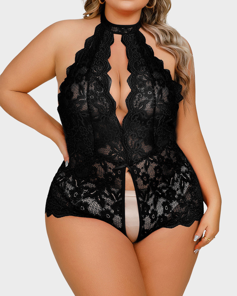 Deep V Halter Lace Teddy Bodysuit