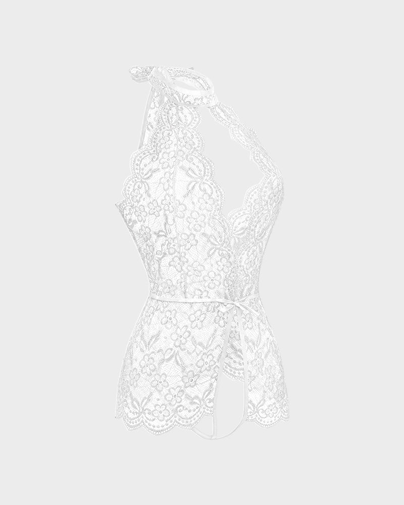 Deep V Halter Lace Teddy Bodysuit