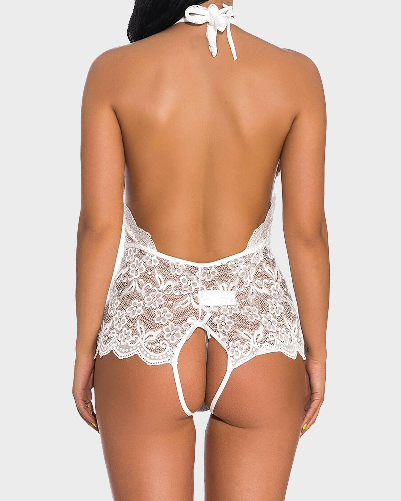 Deep V Halter Lace Teddy Bodysuit