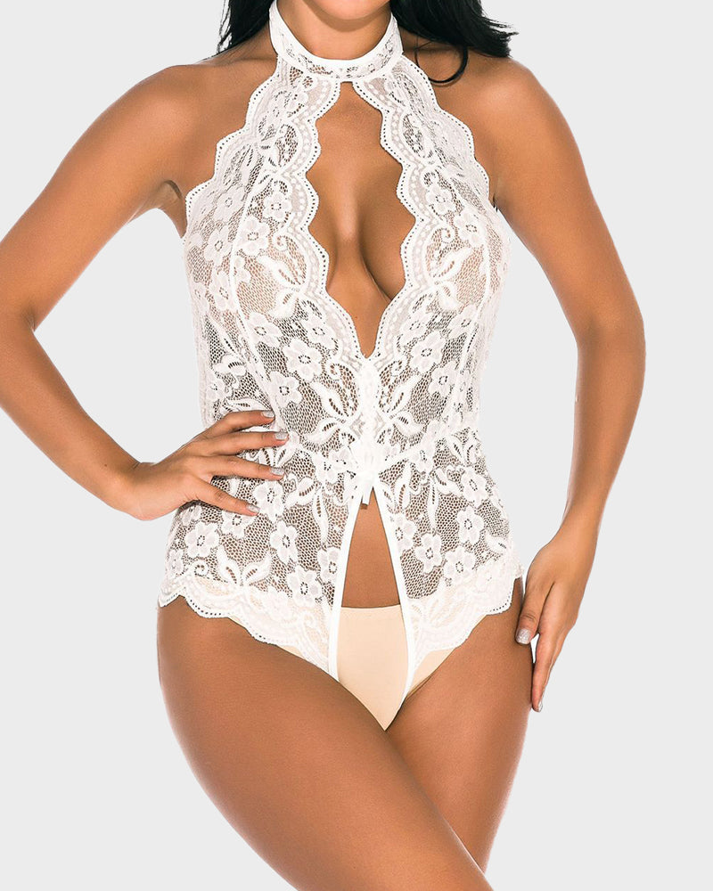 Deep V Halter Lace Teddy Bodysuit