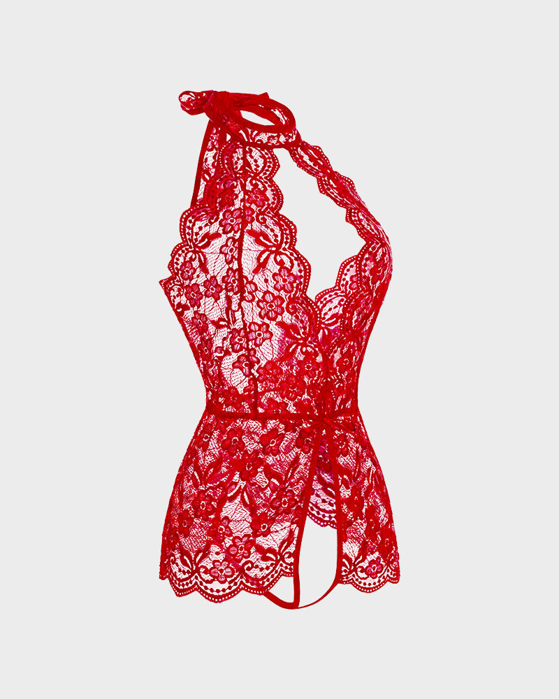 Deep V Halter Lace Teddy Bodysuit