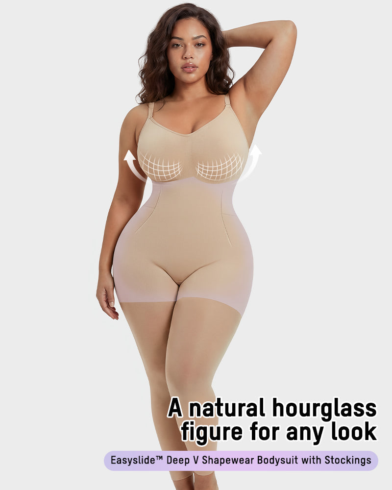 Easyslide™ Deep V Shapewear Bodysuit with Stockings
