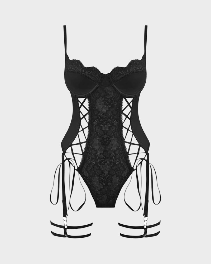 Faux Leather Lace Corset Bodysuit with Garter