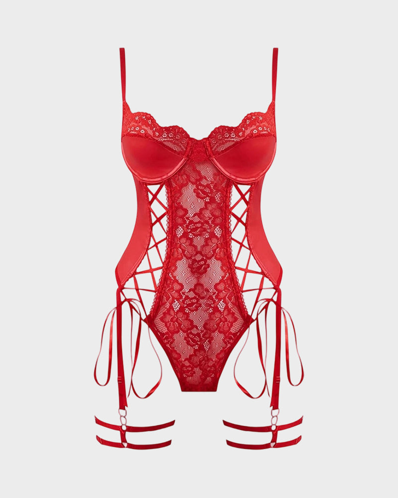 Faux Leather Lace Corset Bodysuit with Garter