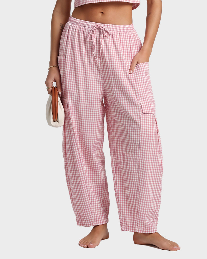 Plaid Wide-Leg Elastic Waist Pants