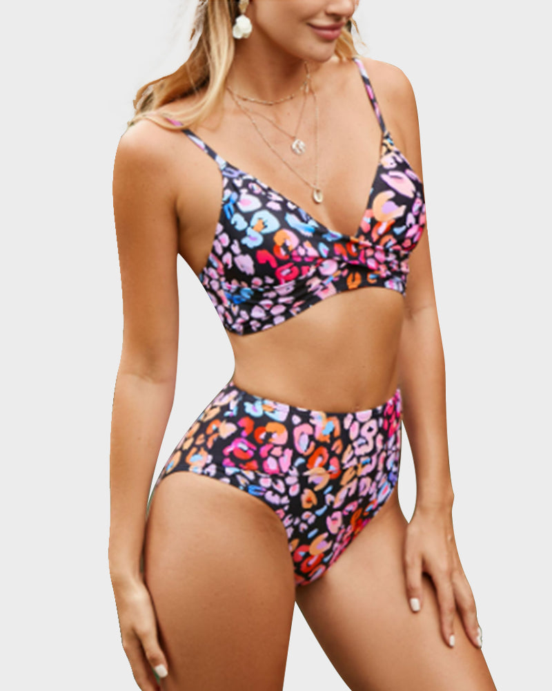 Twisted Front Color-Block High Waist Bikini Set