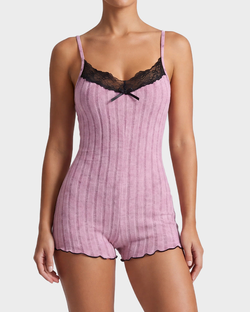 Ribbed Lace Butterfly Back Romper Pajama Set