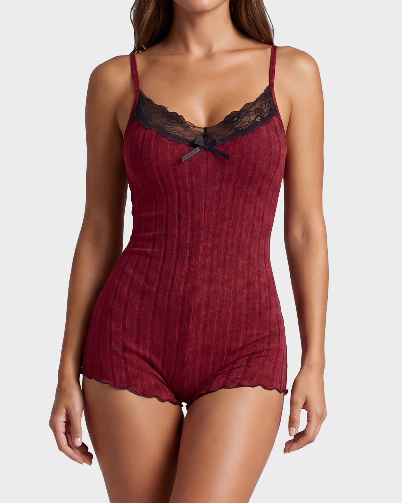 Ribbed Lace Butterfly Back Romper Pajama Set